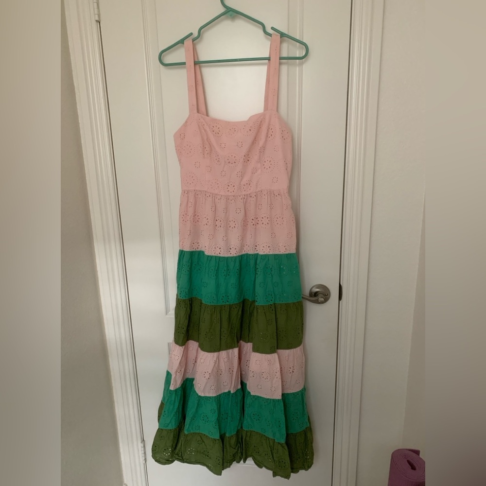 EUC Slate & Willow Eyelet Tiered Midi Dress Pink & Green Open Back Size 10